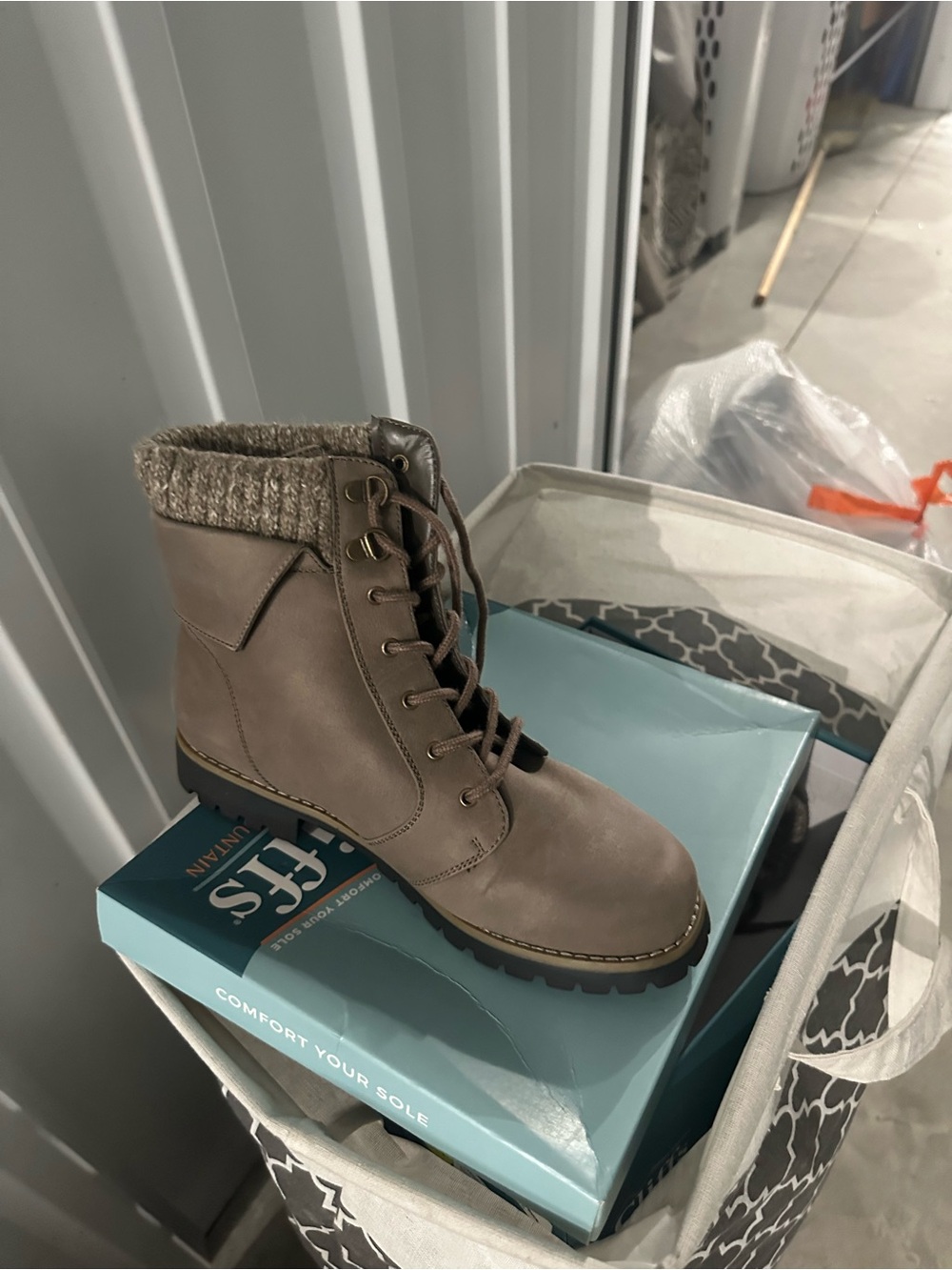 Taupe Lace-Up Knit Collar Women’s Ankle Boots
